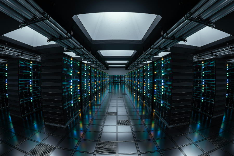 Modern data center with server racks and LED indicators for web hosting.