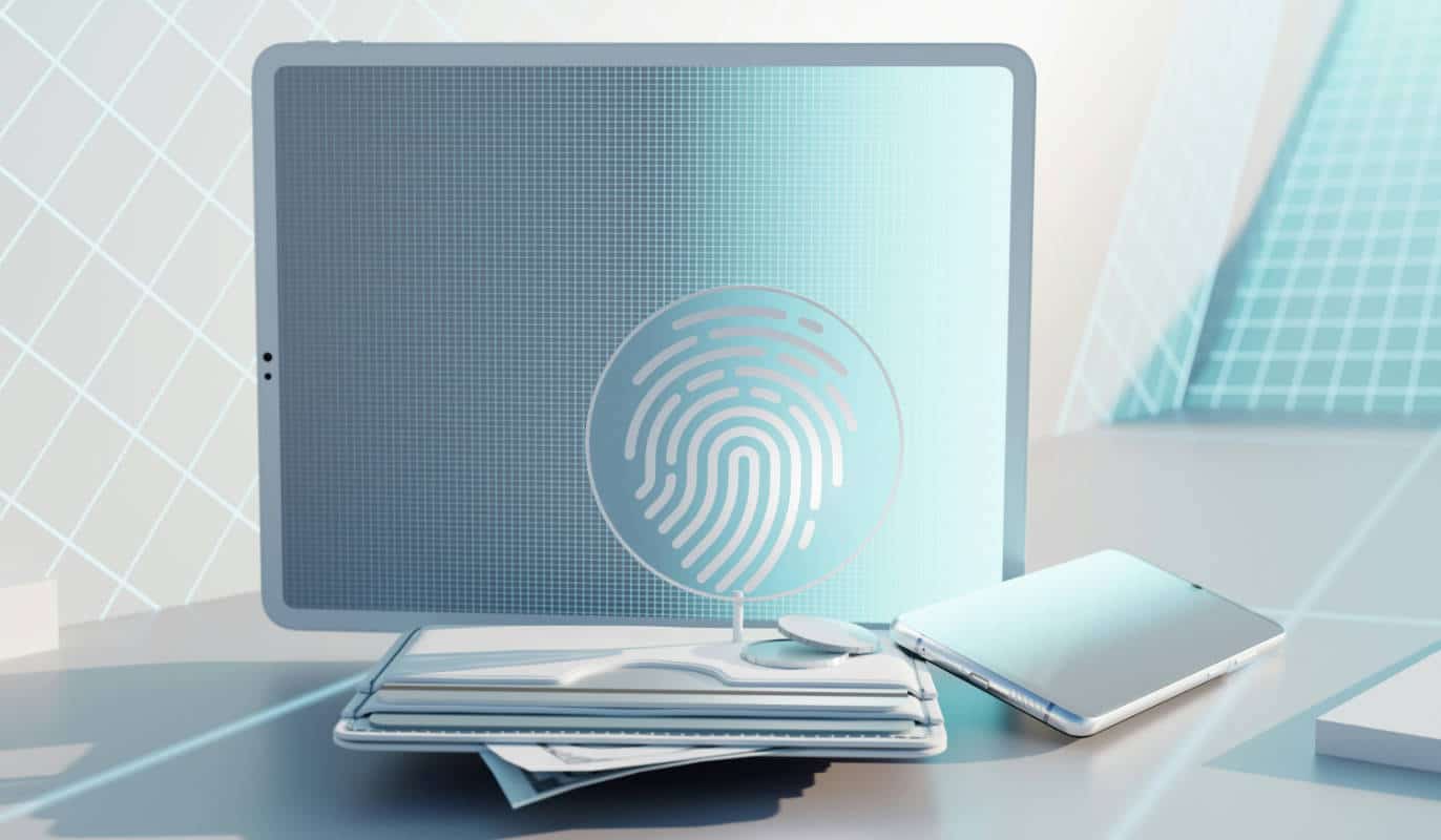 Fingerprint scanner on a computer screen with a fingerprint icon.