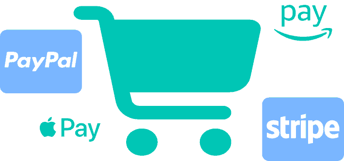 Web design agency logo with PayPal, Apple Pay, Stripe icons and shopping cart.