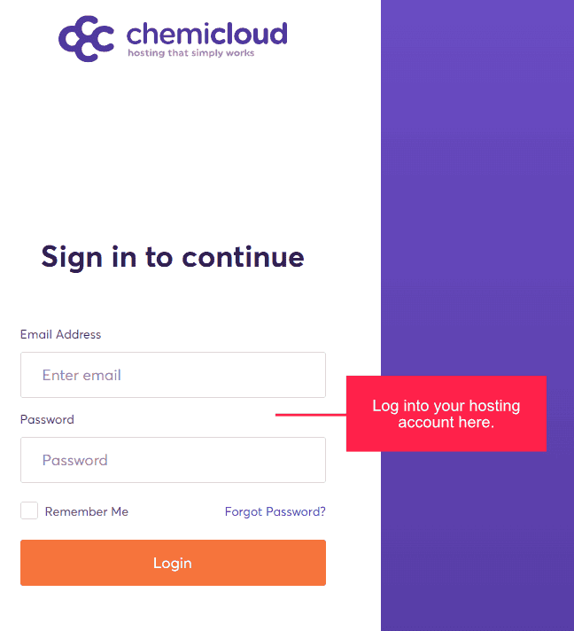 Chemicloud hosting login screen with sign-in form and support message.