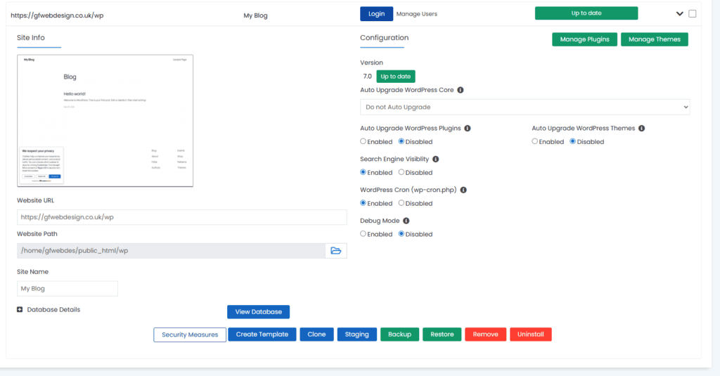 Web design agency interface showing WordPress setup and configuration options.